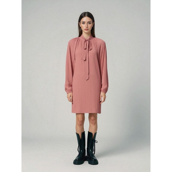 ZARA‎ Pleaded Mini Dress Sz S Pink Neck Tie Long Sleeve Lightweight Office Party - Picture 1 of 9